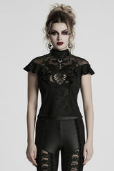 Black Stand Collar Short Sleeves Ruffle Hollow Embroidery Lace Sheer Women's Gothic Blouse
